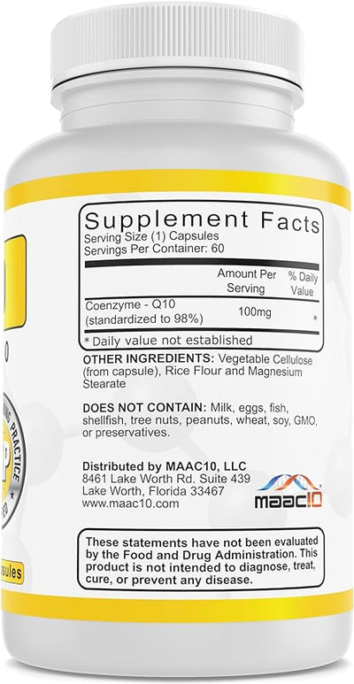 MAAC10 100mg CoQ10 (60 Capsules) | Antioxidant CoEnzyme Q10 for Energy Levels - Non-GMO, Gluten Free, Vegetarian (60 Day Supply)