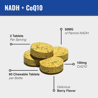 MAAC10 NADH + CoQ10 Chewable Tablets (3-Pack - 180 Tablets) | 50mg PANMOL® NADH + 100mg CoQ10 Supports Fatigue, Energy and NAD+, Non-GMO, Gluten Free, Vegetarian (3 Month Supply)