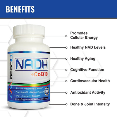 MAAC10 NADH + CoQ10 (3-Pack) Natural Fatigue & Energy Supplement - 50mg PANMOL NADH - Great Tasting Chews