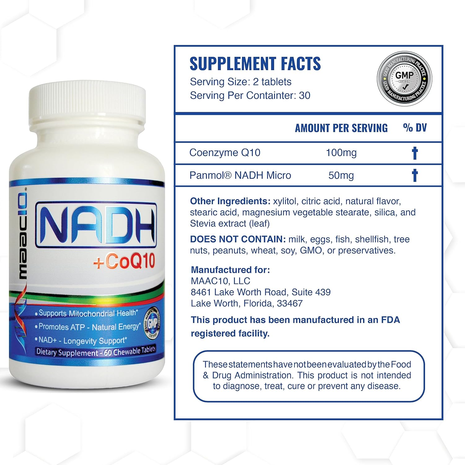 MAAC10 NADH + CoQ10 Chewable Tablets (3-Pack - 180 Tablets) | 50mg PANMOL® NADH + 100mg CoQ10 Supports Fatigue, Energy and NAD+, Non-GMO, Gluten Free, Vegetarian (3 Month Supply)