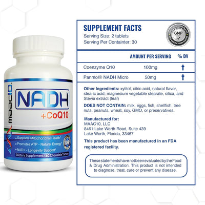 MAAC10 NADH + CoQ10 (3-Pack) Natural Fatigue & Energy Supplement - 50mg PANMOL NADH - Great Tasting Chews