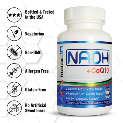 MAAC10 NADH + CoQ10 Natural Fatigue & Energy Supplement - 50mg PANMOL NADH - Great Tasting Chews (60 Count 2 per Serving).