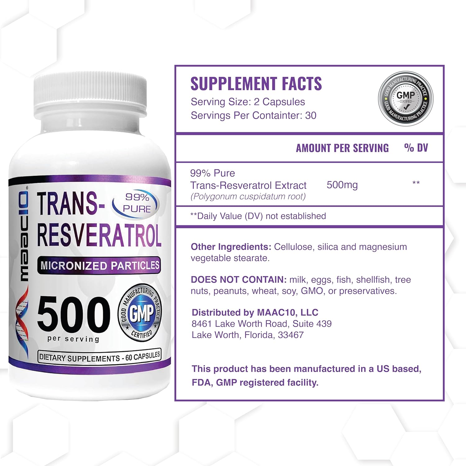 MAAC10 Trans Resveratrol 500mg Supplement (3-Pack)