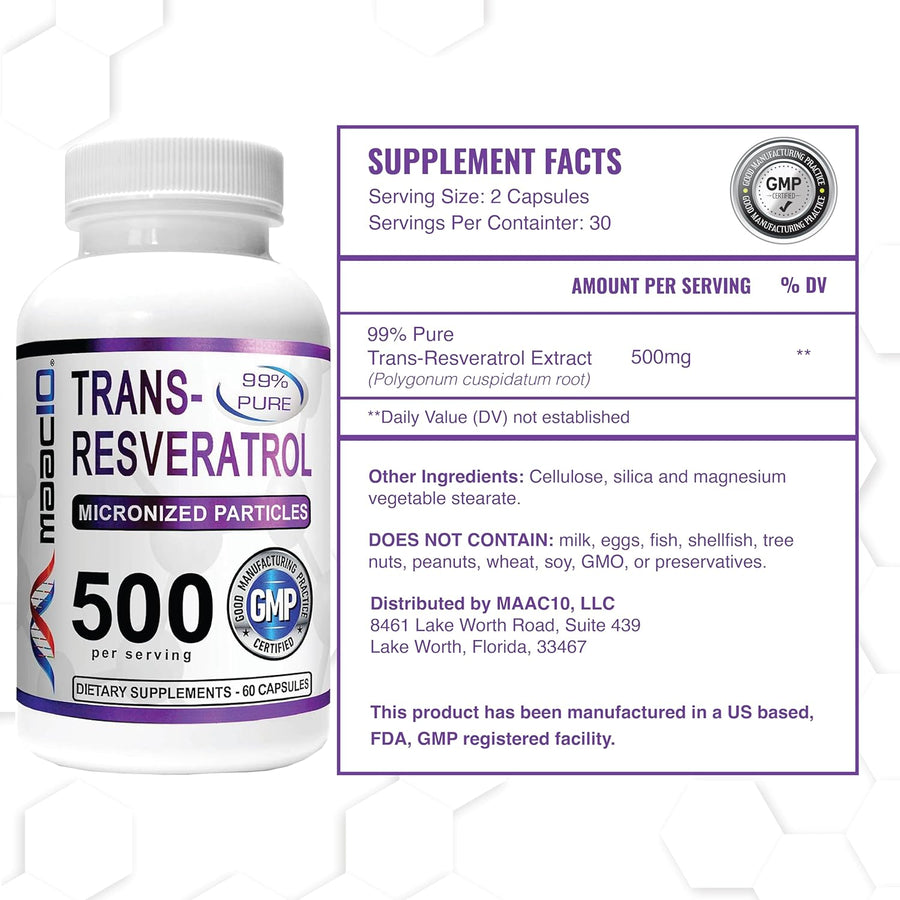 MAAC10 Trans Resveratrol 500mg Supplement (3-Pack)