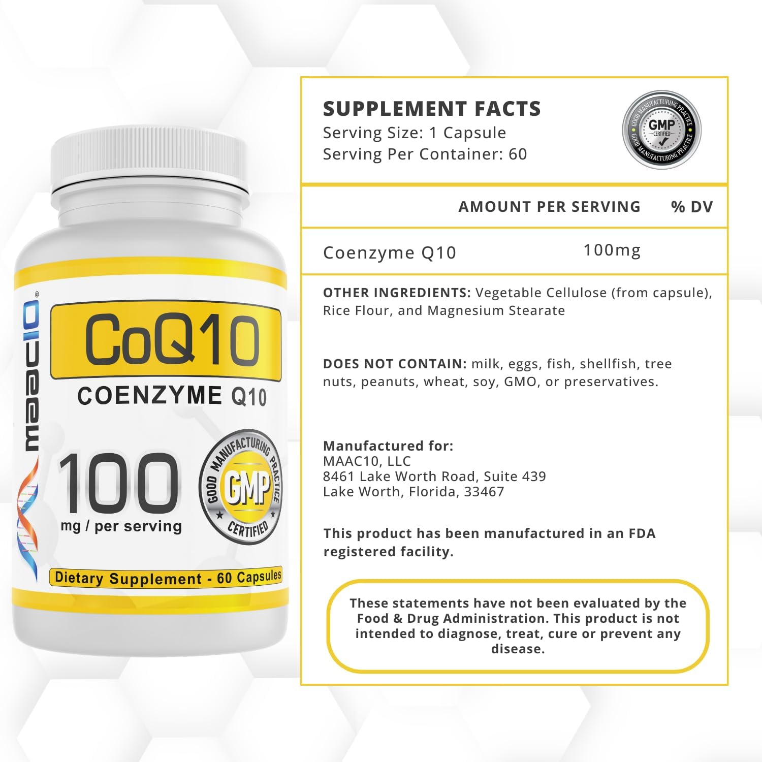 MAAC10 100mg CoQ10 (60 Capsules) | Antioxidant CoEnzyme Q10 for Energy Levels - Non-GMO, Gluten Free, Vegetarian (60 Day Supply)