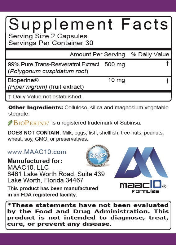 MAAC10 Trans Resveratrol 500mg Very High Potency Formulation (99% Pure Micronized Resveratrol Extract + BioPerine).
