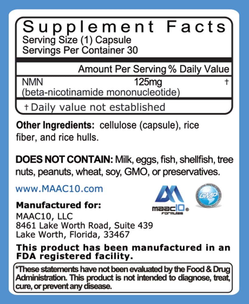 MAAC10 NMN 125mg NAD+ Support Supplement - MAAC10 Formulas