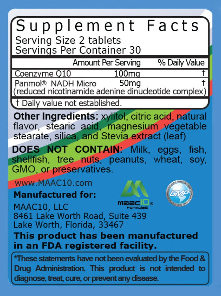 NADH Natural Fatigue & Energy Supplement - 50mg PANMOL NADH - Great Tasting Chews (60 Count 2 per Serving).