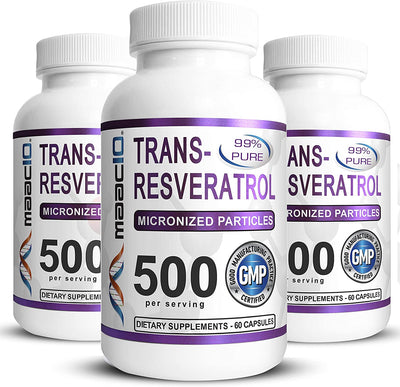 MAAC10 - Trans Resveratrol 500mg 3-Pack, Very High Potency Formulation (99% Pure Micronized Trans-Resveratrol Extract + BioPerine)